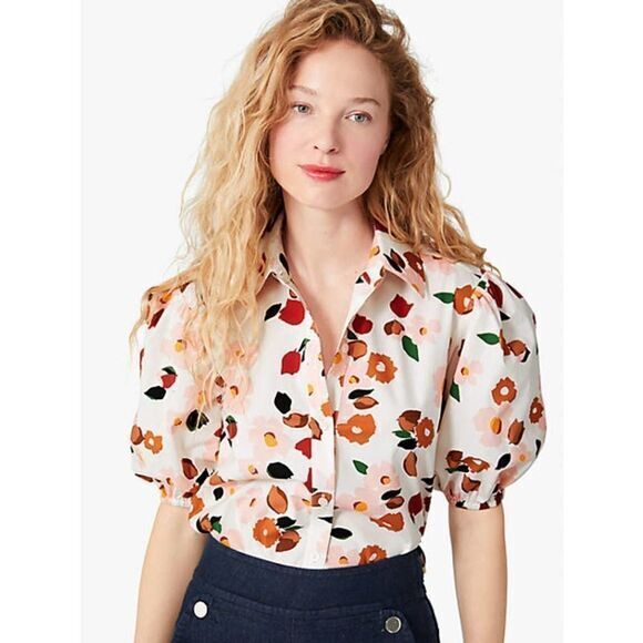 NEW kate spade botanical‎ garden cotton button-front shirt floral print, size 00